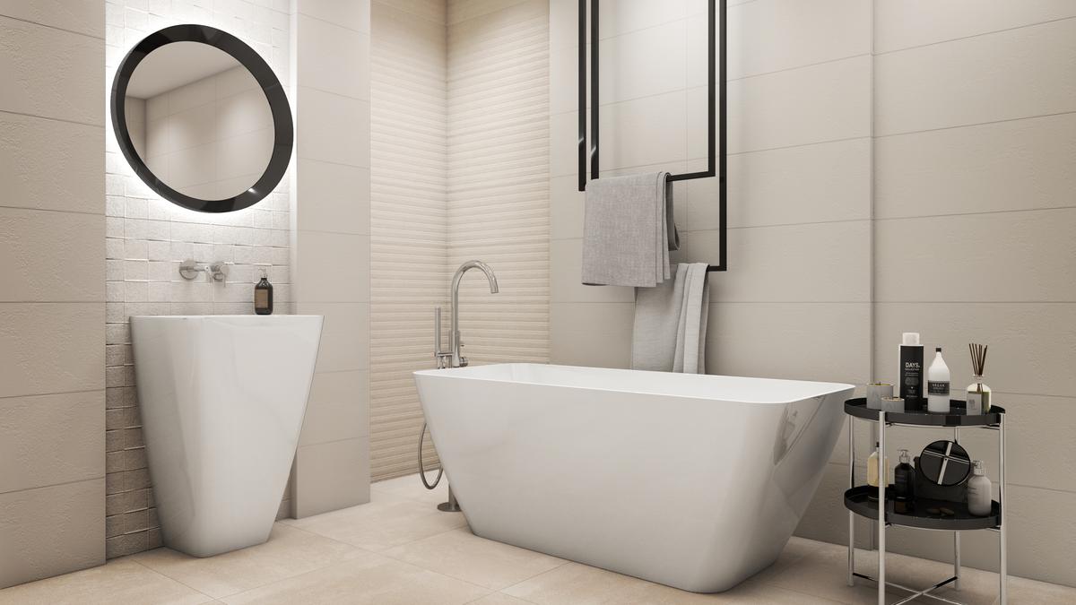 Kremowy beż jest sprawdzonym kolorem do aranżacji ponadczasowo pięknych łazienek – uzupełniony o strukturalne dodatki nabierze nowoczesnego charakteru. Fot. Tubądzin.